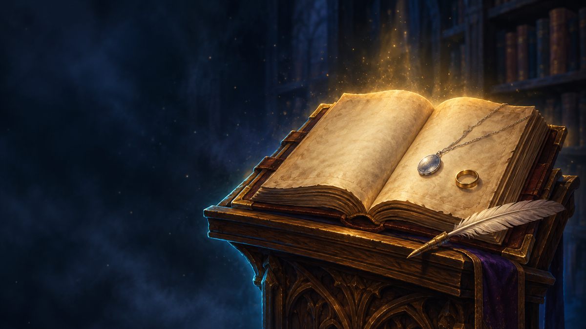 An open old book on a wooden lectern with a pendant and a ring on its pages, lit in gold and cyan in a dark library