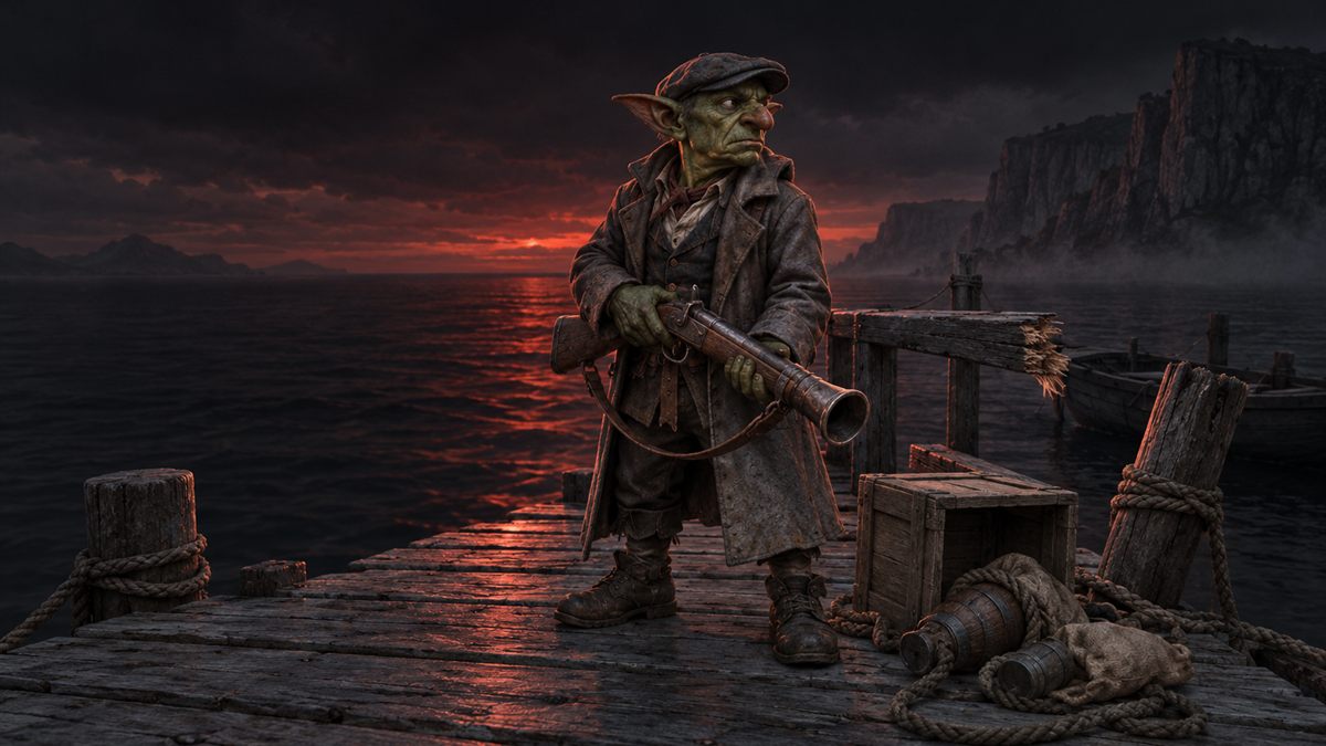 A goblin dockhand standing on a pier at dusk with a wide-barrelled gun, beside a snapped handrail and a tipped crate.
