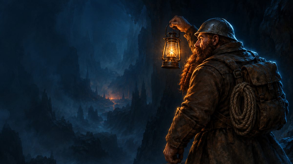 Un explorador enano con un farol mira hacia una enorme caverna oscura con un débil resplandor de lava al fondo