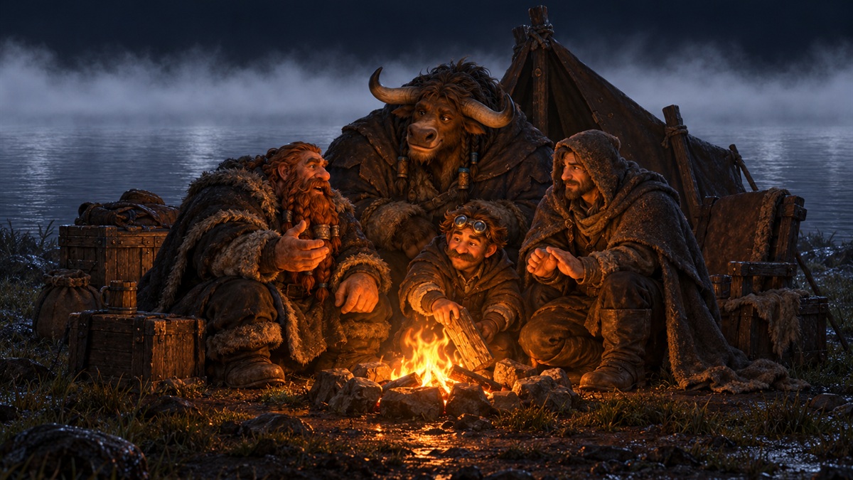 Quatre voyageurs serrés autour d’un petit feu de camp, de nuit, sur une berge brumeuse.