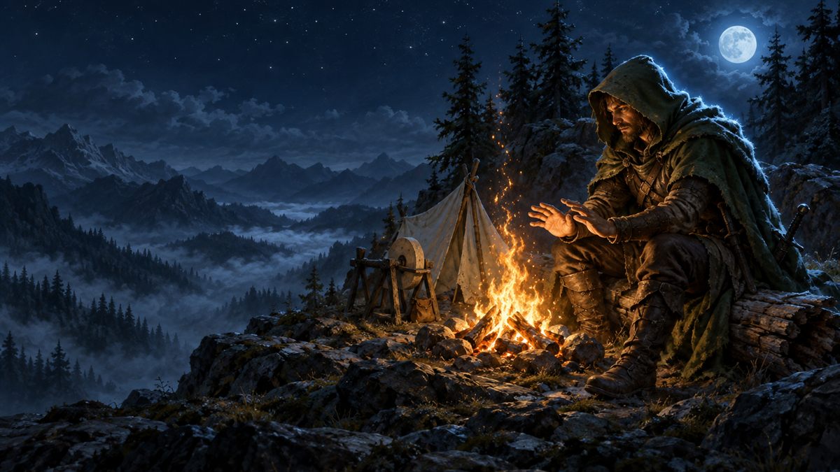 A cloaked traveller sits by a campfire beside a small tent on a misty ridge at night, lit in gold and cyan