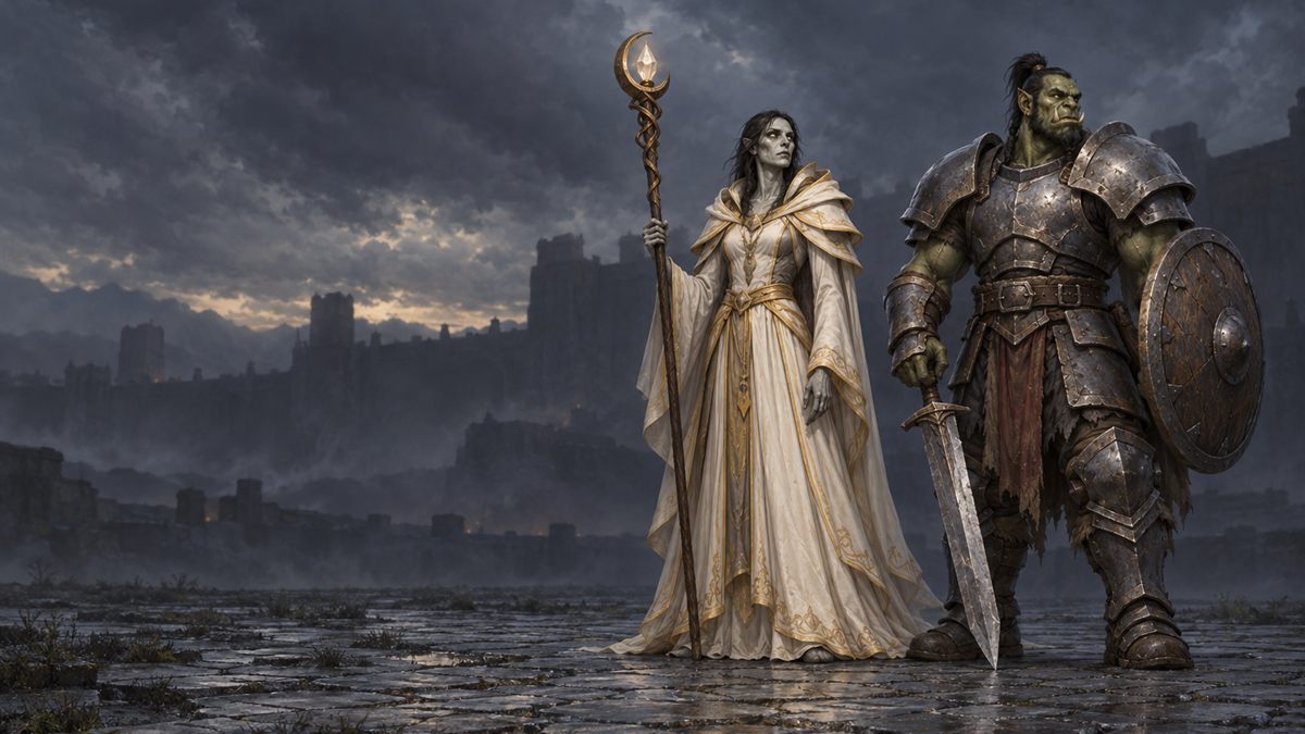 A man warrior in plain plate with a shield and a woman priest in a simple robe stand in a stone courtyard under an overcast sky.