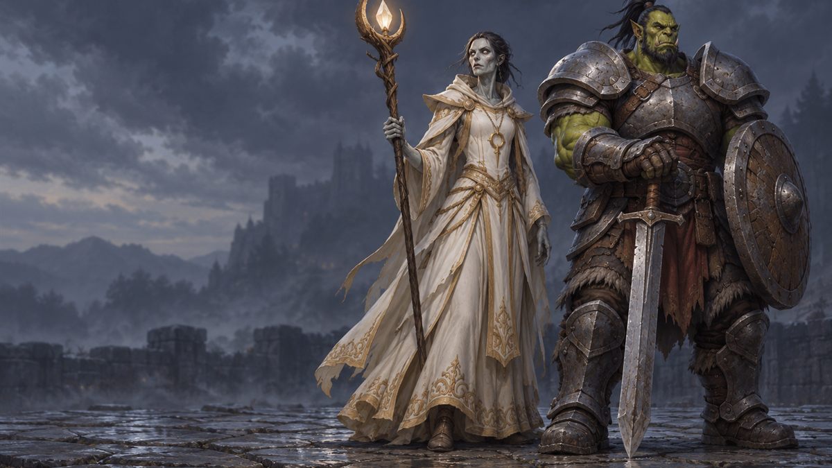 A man warrior in plain plate with a shield and a woman priest in a simple robe stand in a stone courtyard under an overcast sky.