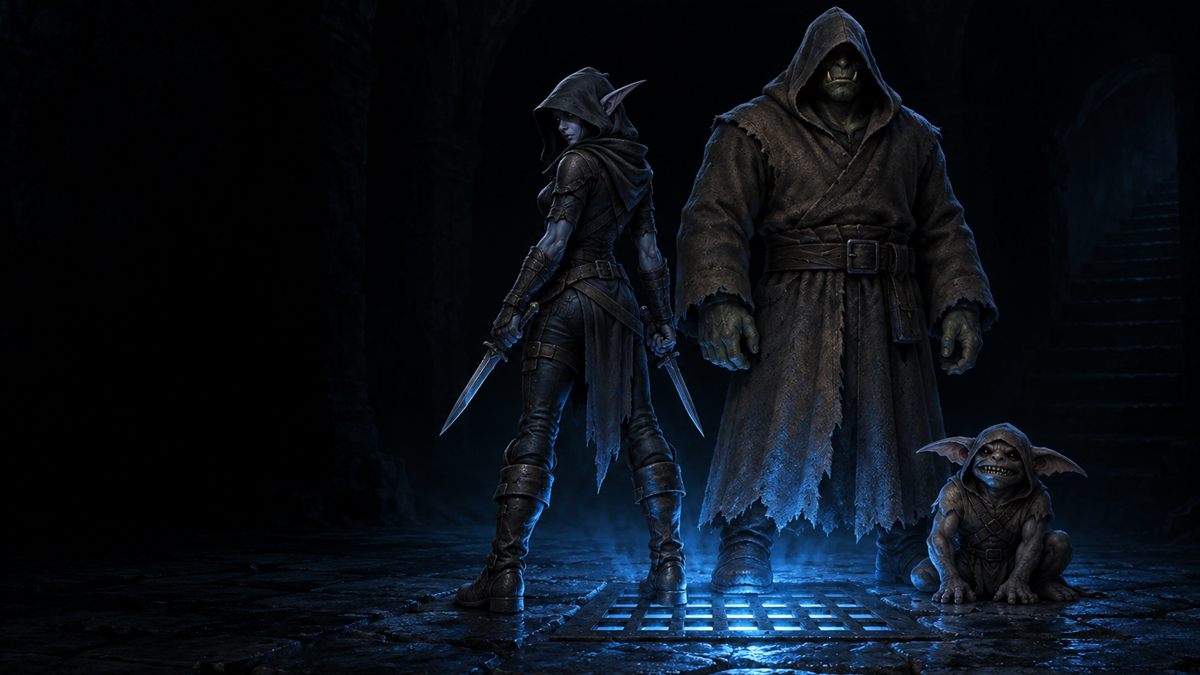 A hooded figure with two daggers and a robed figure with a small creature, both lit from below by light through a floor grate.