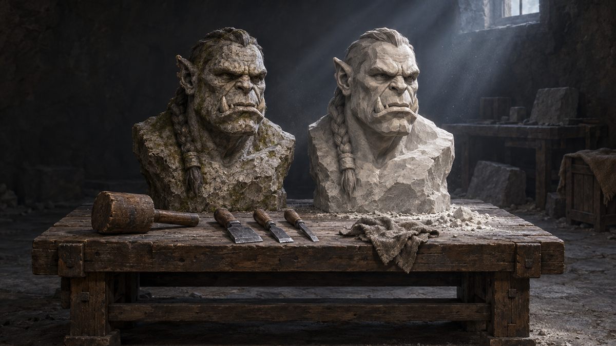 Dos bustos de piedra del mismo orco, uno junto a otro en un banco de cantero: uno desgastado y otro recién tallado.