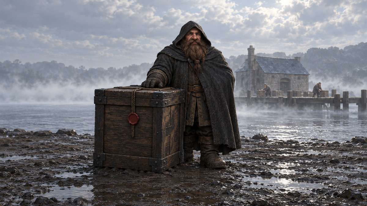 A cloaked traveller rests a hand on a sealed iron-bound crate on a misty riverbank.