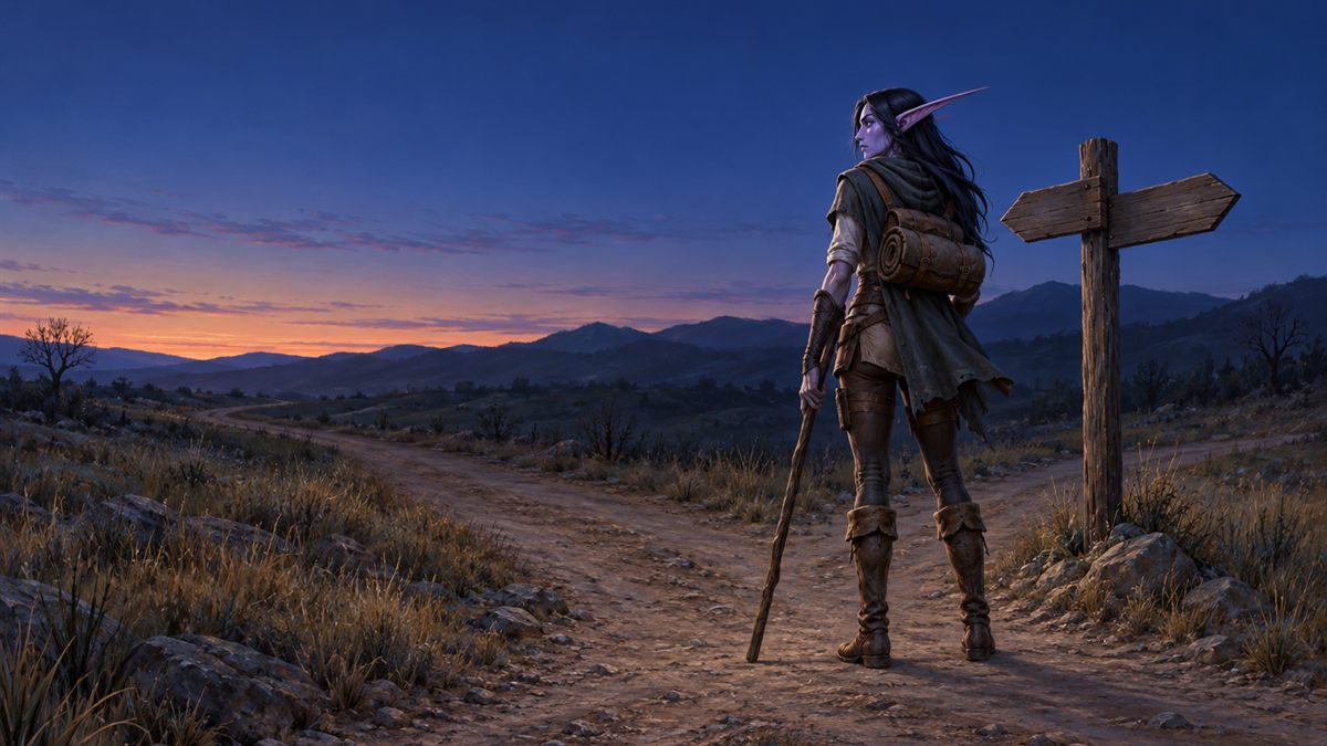 Una elfa de la noche con equipaje de viaje está en una bifurcación del camino, junto a un poste de madera sin letras, en el crepúsculo.