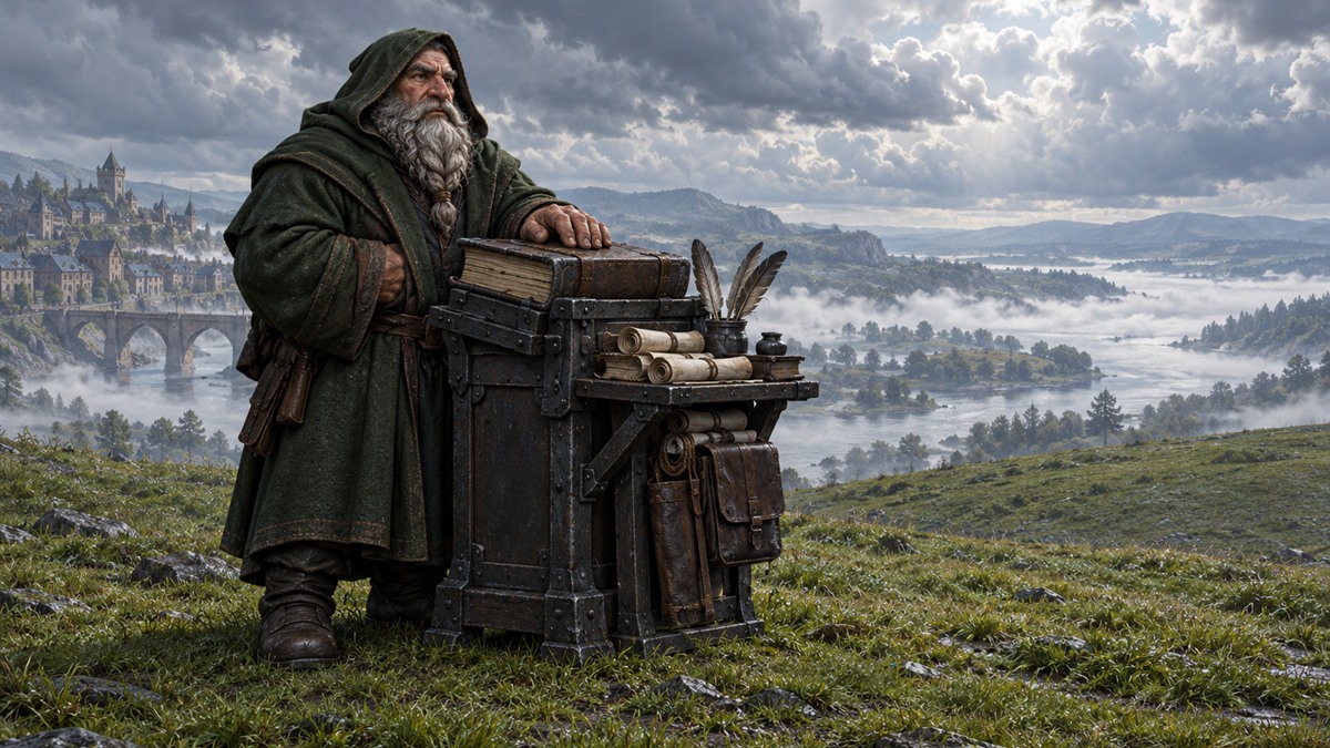 Un chroniqueur encapuchonné se tient près d'un lutrin en fer portant un livre fermé au sommet d'une colline, devant la brume de la rivière sous un ciel d'orage.