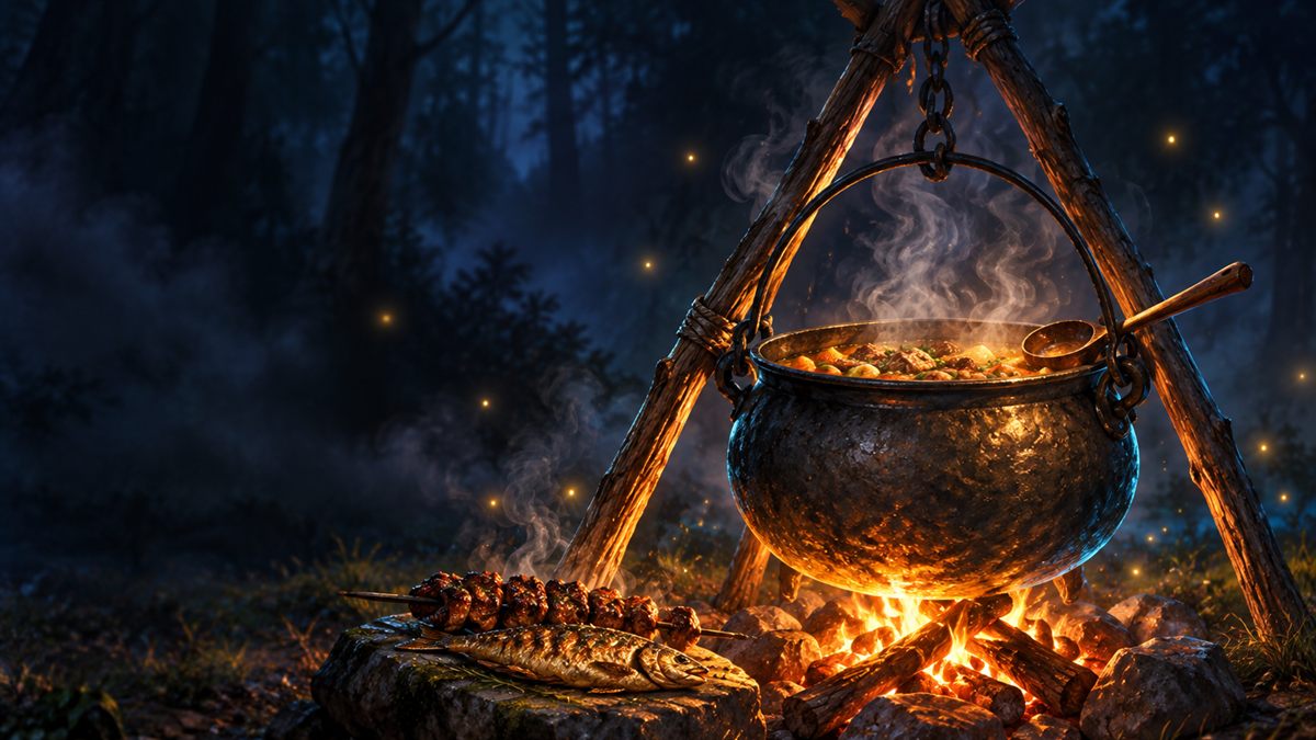 An iron pot of steaming stew over a small campfire, with roasted meat and a grilled fish on a stone, lit in gold and cyan at night