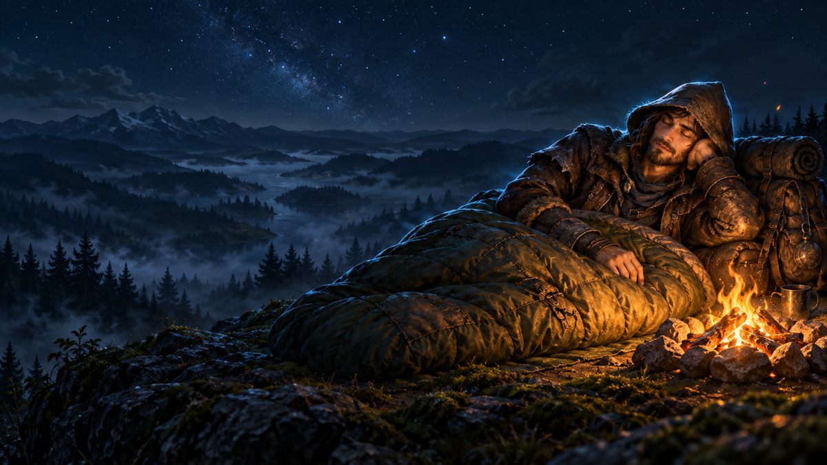 A tired traveller in a hooded coat resting in a quilted sleeping bag beside a small campfire on a misty hillside at night