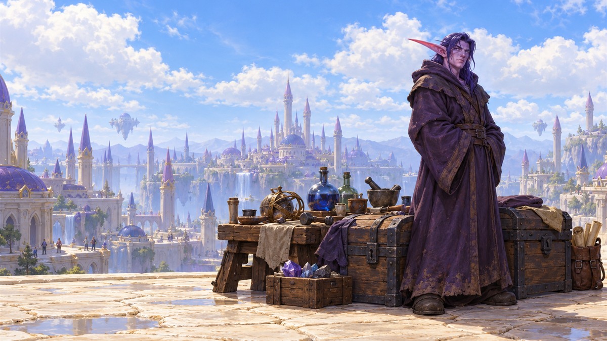 Ein Magier in dunkelviolettem Gewand neben einer Schatztruhe auf einer sonnigen Terrasse unter violetten Türmen.