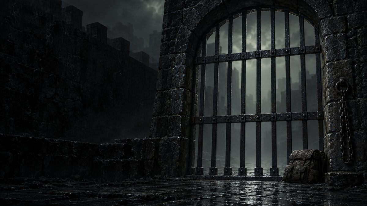 Une herse de fer baissée dans une porte de ville la nuit, en silhouette sur la brume qui luit faiblement dans la rue au-delà.