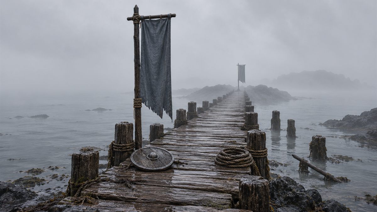 A wooden causeway between two misty islands at dawn, with a plain war banner at each end.