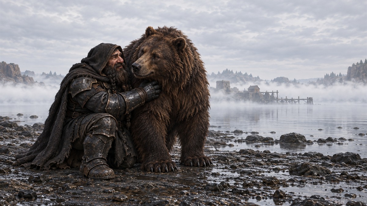 A cloaked paladin kneels close beside a huge brown bear on a dark lake shore in front of a band of morning mist.
