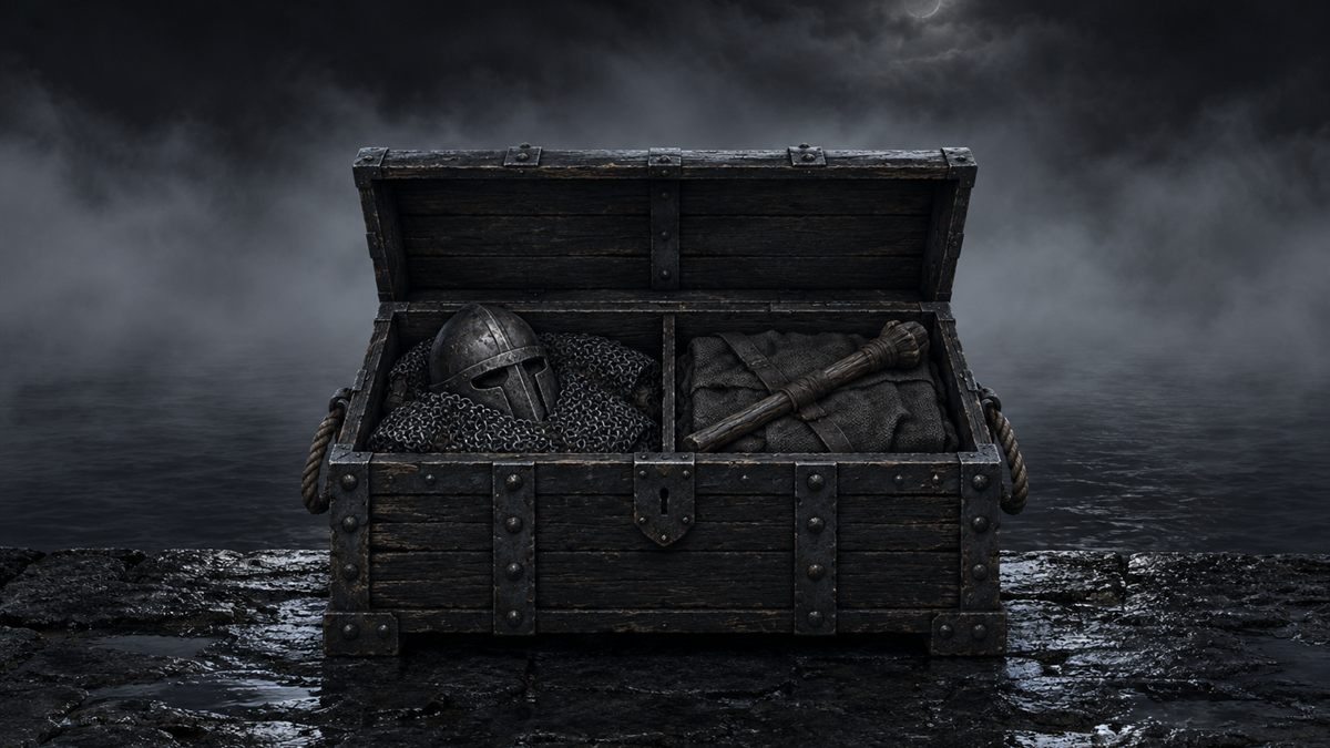 An open travelling chest holding mail on one side and a robe on the other, dark against moonlit fog on the water.
