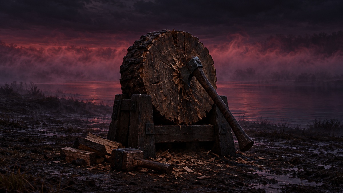A heavy axe sunk into a dark oak throwing target stands against a band of river mist at dusk.