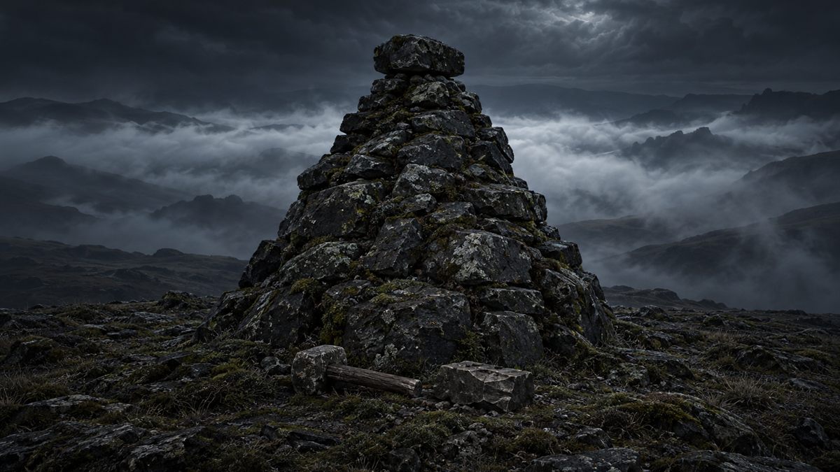 Un cairn de pierre massif sur une crête, la nuit, noir devant une bande de brume de vallée éclairée par la lune.