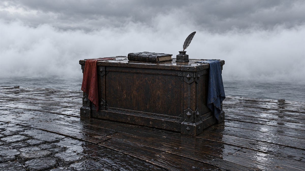 A heavy oak desk with a closed ledger and red and blue banners stands on a quay before thick sea fog.