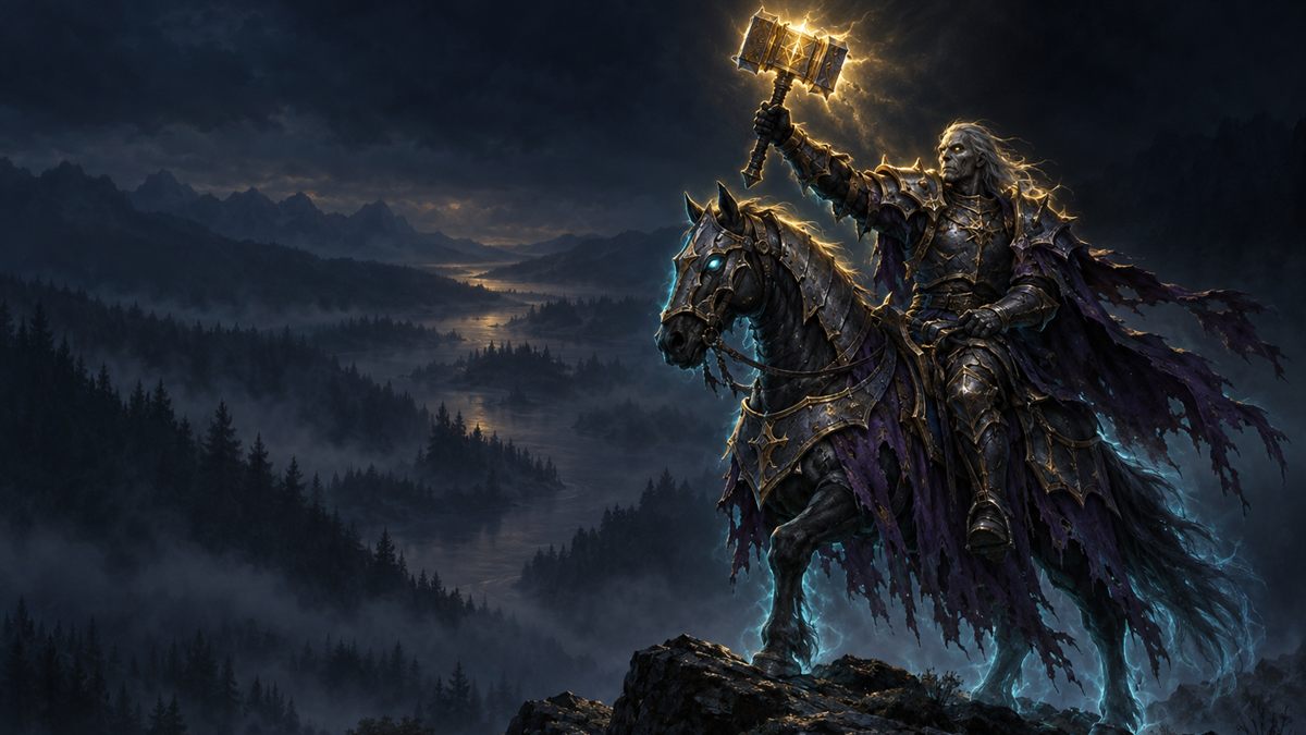 Ein untoter Paladin in goldverzierter Plattenrüstung auf einem gepanzerten Pferd hebt in der Abenddämmerung über einem nebligen Flusstal einen леuchtenden Hammer