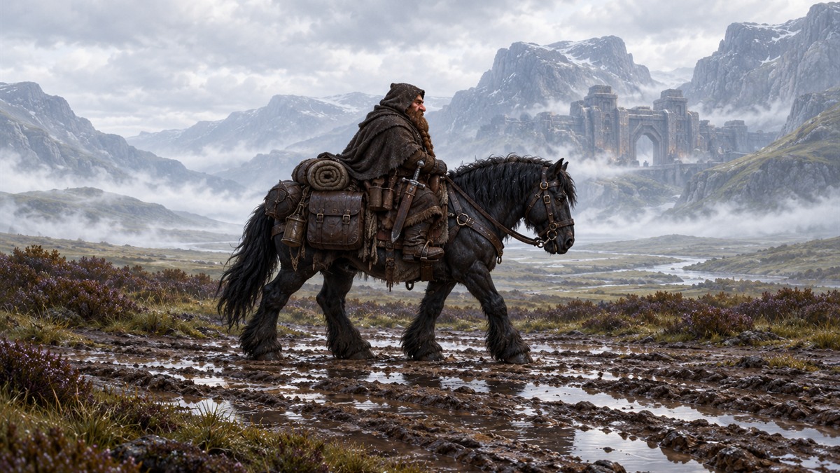 A hooded rider on a heavy dark horse travels a muddy valley road, with a band of pale fog behind.