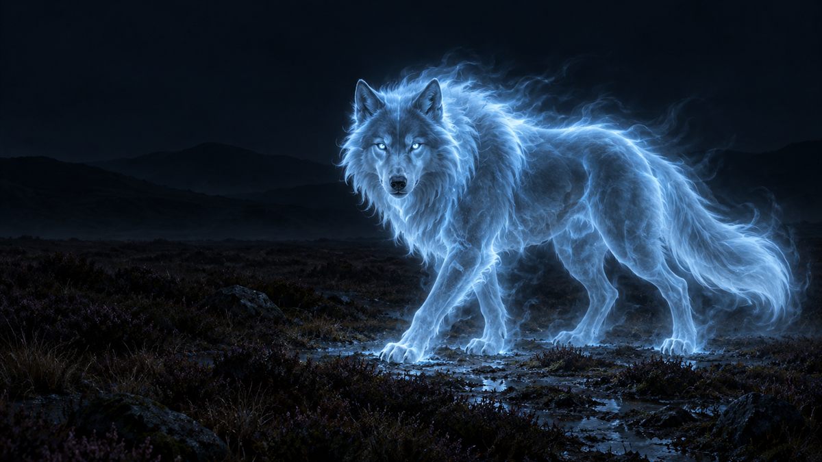 Un lobo espiritual medio transparente, con un brillo azul frío, camina de noche por un páramo oscuro.