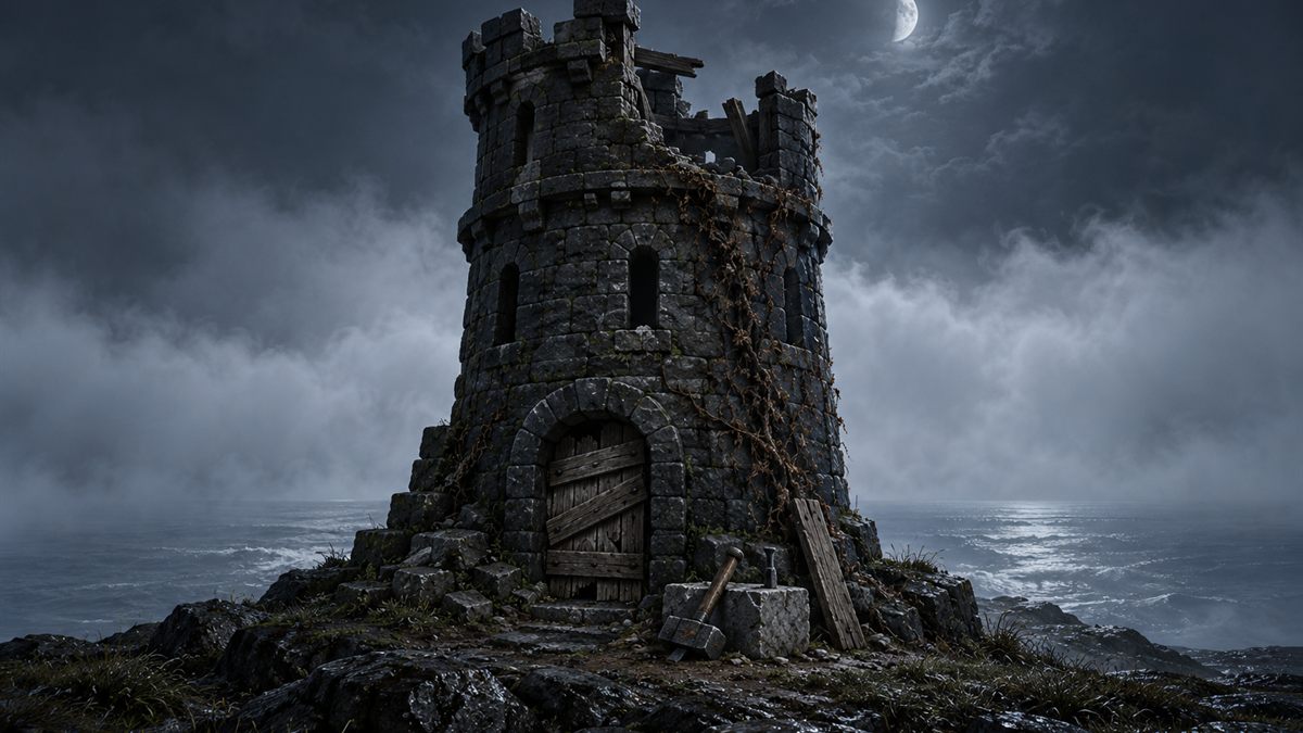 Une tour de guet en ruine, porte barricadée, sur une pointe, noire devant un banc de brume marine.