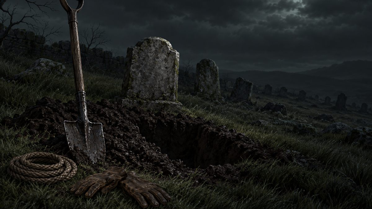 An iron shovel standing in a mound of fresh earth beside an open grave and a blank headstone, under weak moonlight.