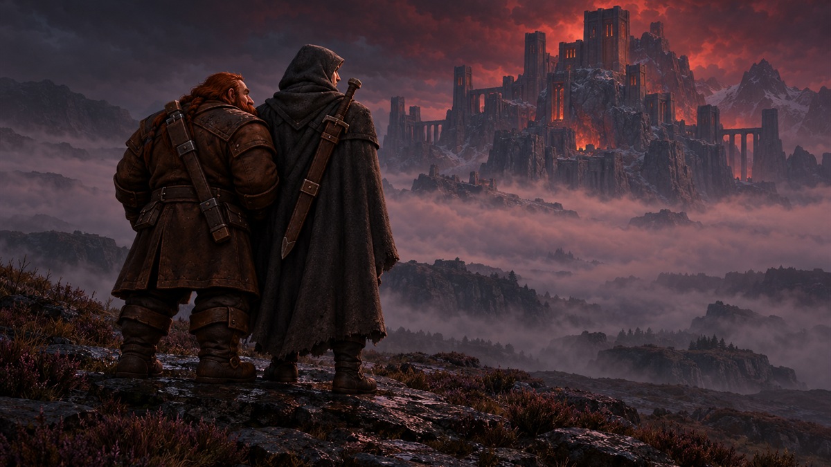 Ein Zwerg und ein Mensch mit Kapuze stehen nebeneinander auf einem dunklen Grat und blicken über Talnebel auf eine ferne Bergfestung unter rot beleuchteten Wolken.