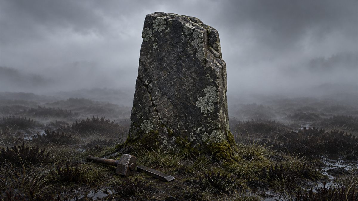 Ein verwitterter Meilenstein aus Stein steht allein auf einem Moor, schwarz vor Nebel auf allen Seiten.
