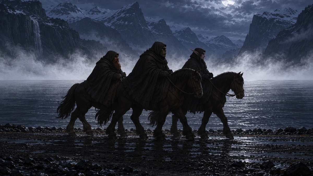 Three cloaked riders on dark horses along a fjord shore at night against a band of sea mist.