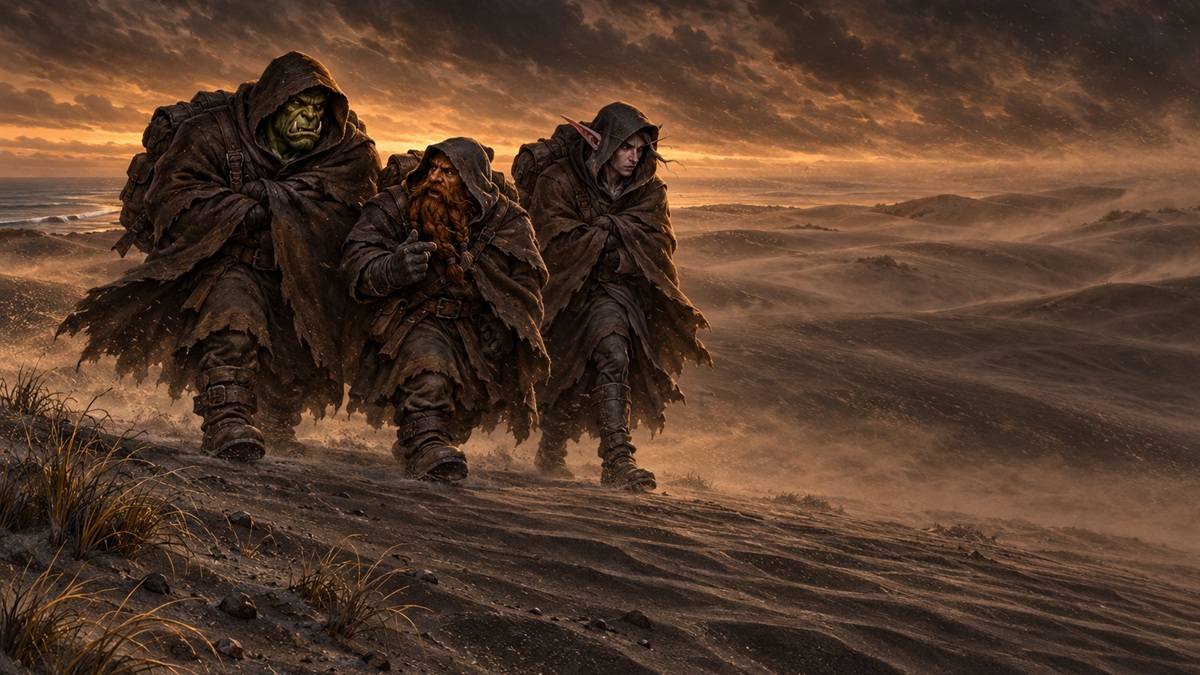 Tres viajeros con capa caminan muy juntos por dunas oscuras ante una franja de arena levantada por el viento al anochecer.
