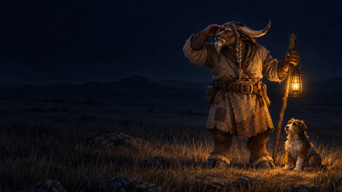 An old tauren rancher with a lantern calls for his dog on a dark plain at night.