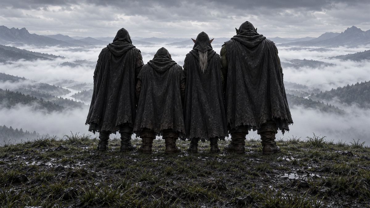 Four hooded adventurers stand shoulder to shoulder on a hilltop on a grey afternoon, looking out over a misty valley.
