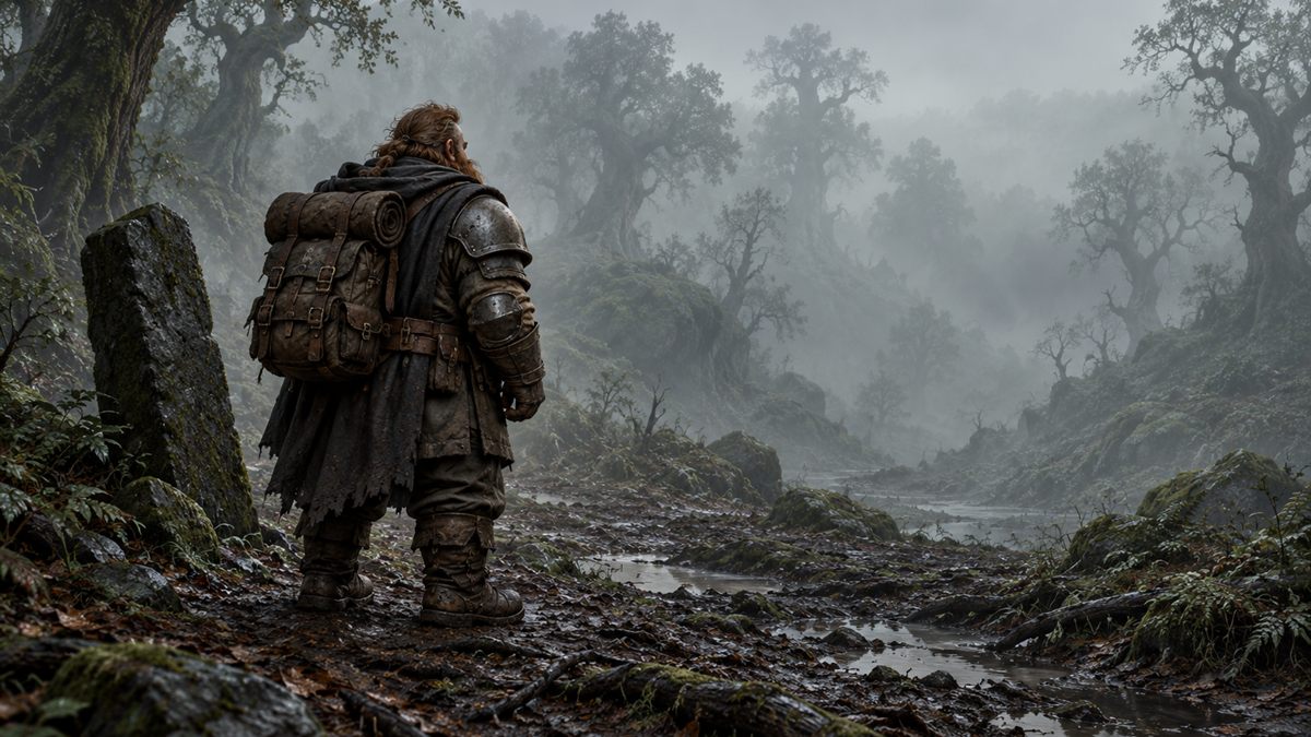 Une voyageuse en armure seule sur un sentier forestier à l'aube, noire devant un banc de brume entre les troncs.