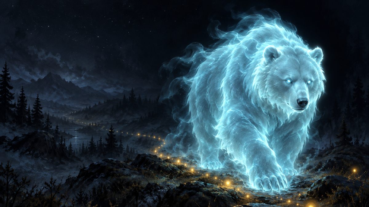 A glowing spectral bear walking along a path of small golden lights through a dark night forest