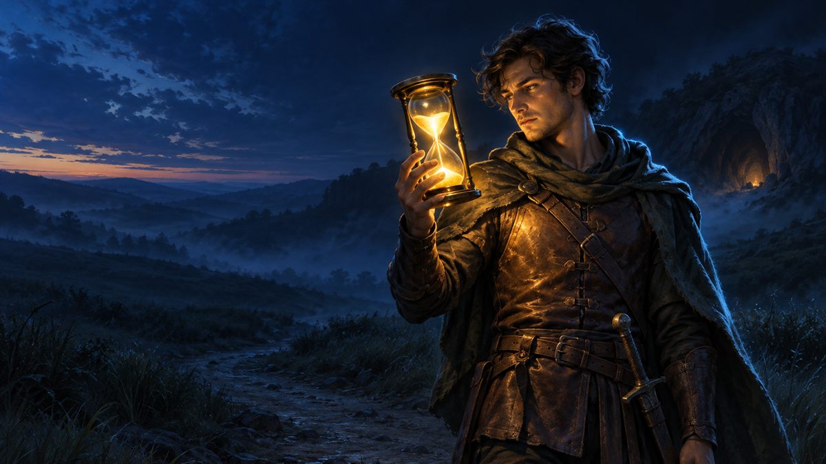 A young adventurer holds up a glowing hourglass on a dusk road, with a dark cave mouth in the hills behind him