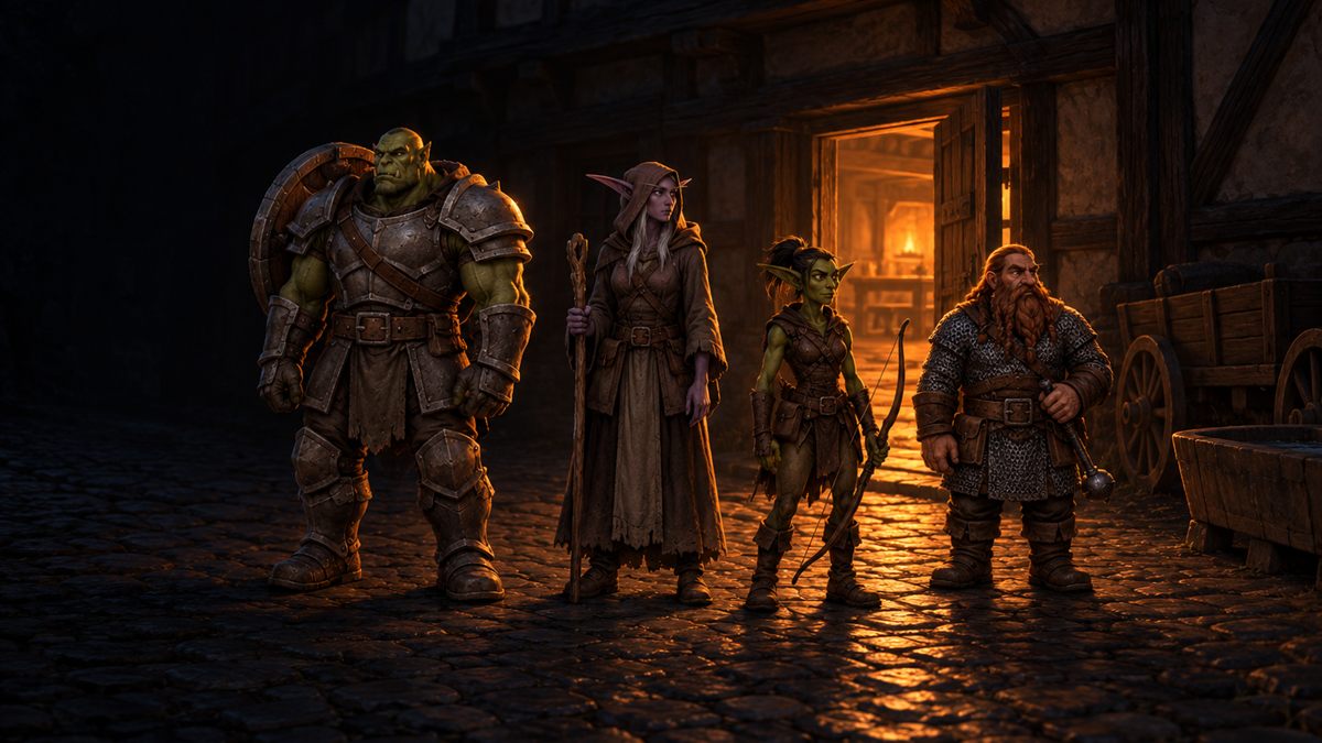 Cuatro aventureros juntos de noche ante la puerta abierta de una posada, iluminados desde atrás por la luz del interior.