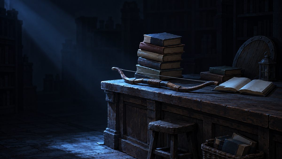Ein Stapel alter Bücher und ein einfacher Bogen auf einem Bibliothekstresen, daneben ein Schild und eine Laterne beiseitegelegt im Schatten.