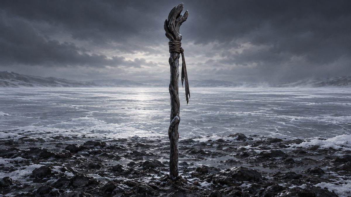Un bâton de bois planté debout sur la rive d'une rivière gelée, noir devant la glace pâle derrière lui.