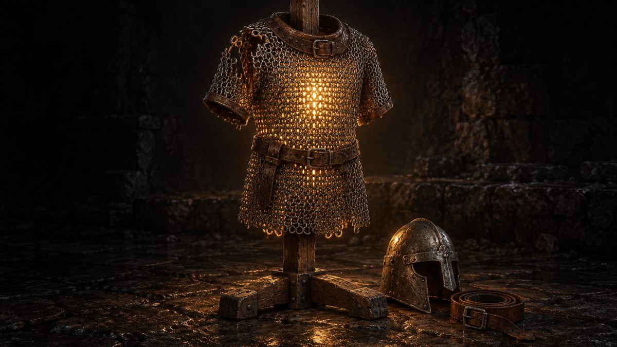 Ein verbeultes Kettenhemd auf einem Ständer in einer dunklen Steinkammer, das von innen schwach golden leuchtet.