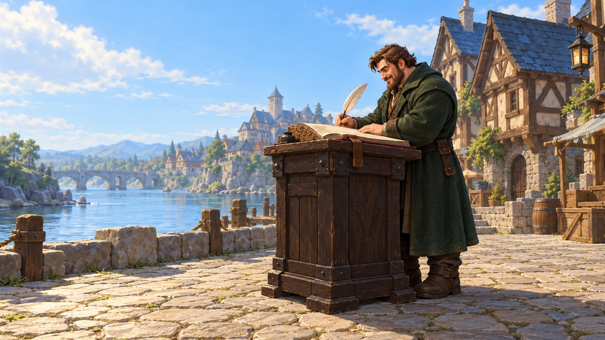 A scribe writing a name into a leather ledger at a tall desk in a sunny riverside square.