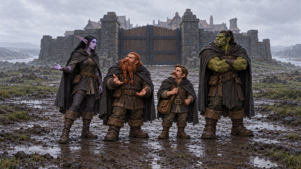Four cloaked travellers wait together before a closed gate on a grey afternoon, river mist behind them.