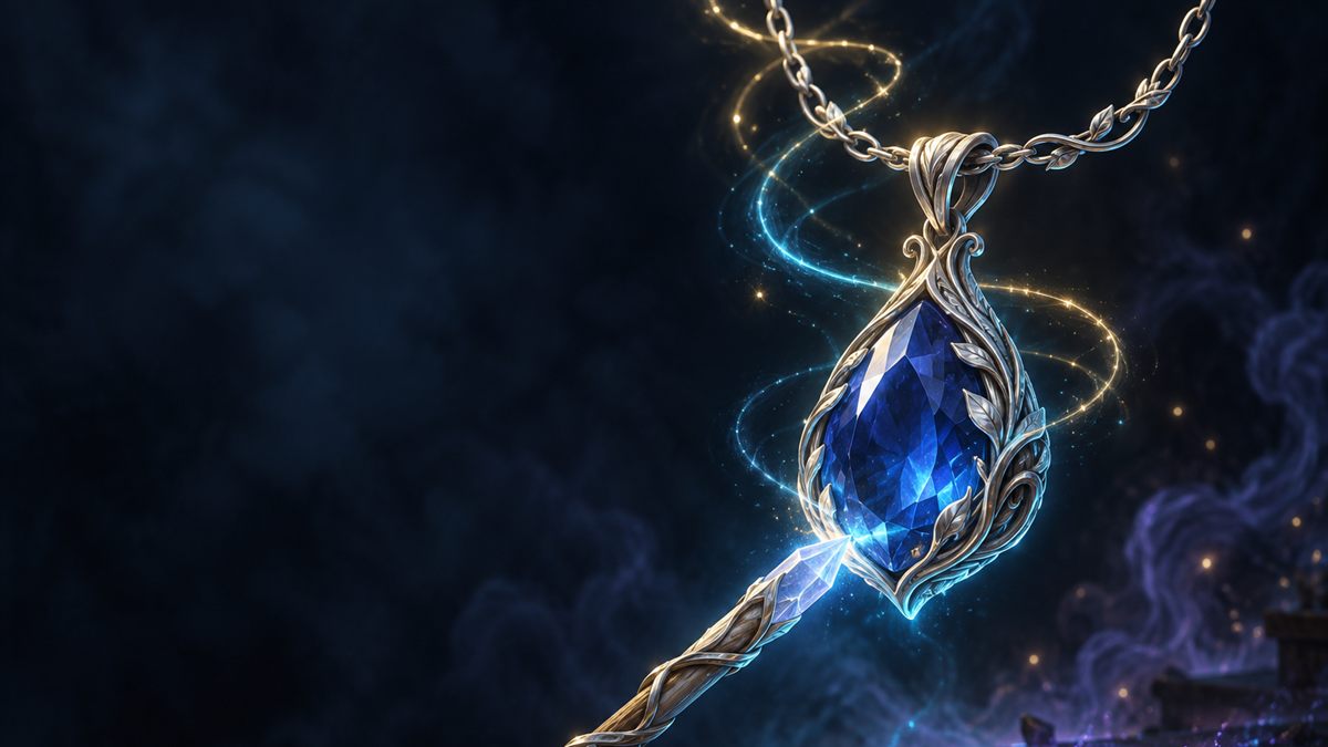 Eine silberne Halskette mit einem tiefblauen Edelstein schwebt über einem dunklen Tisch, umwunden von Fäden aus goldenem und cyanfarbenem Licht