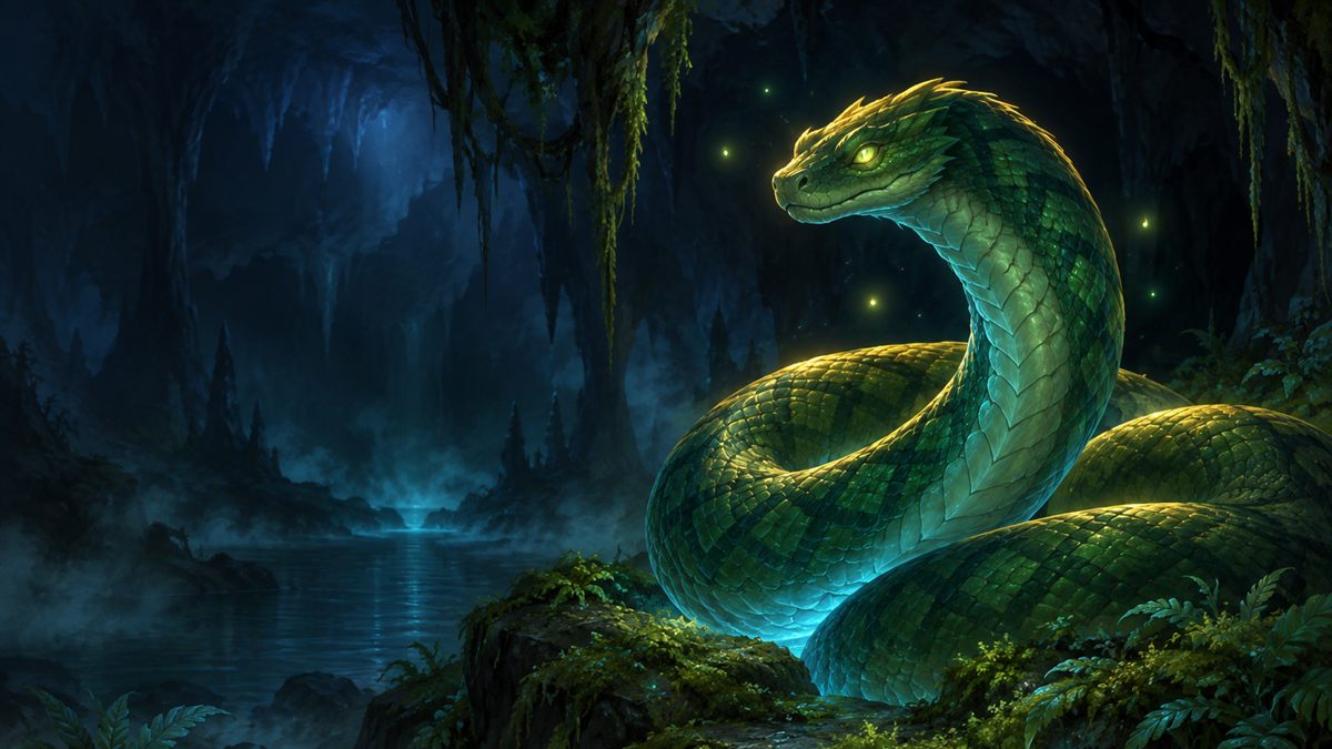 A large jade-scaled serpent coiled on a mossy rock in a misty cavern, its outline lit in gold and cyan.