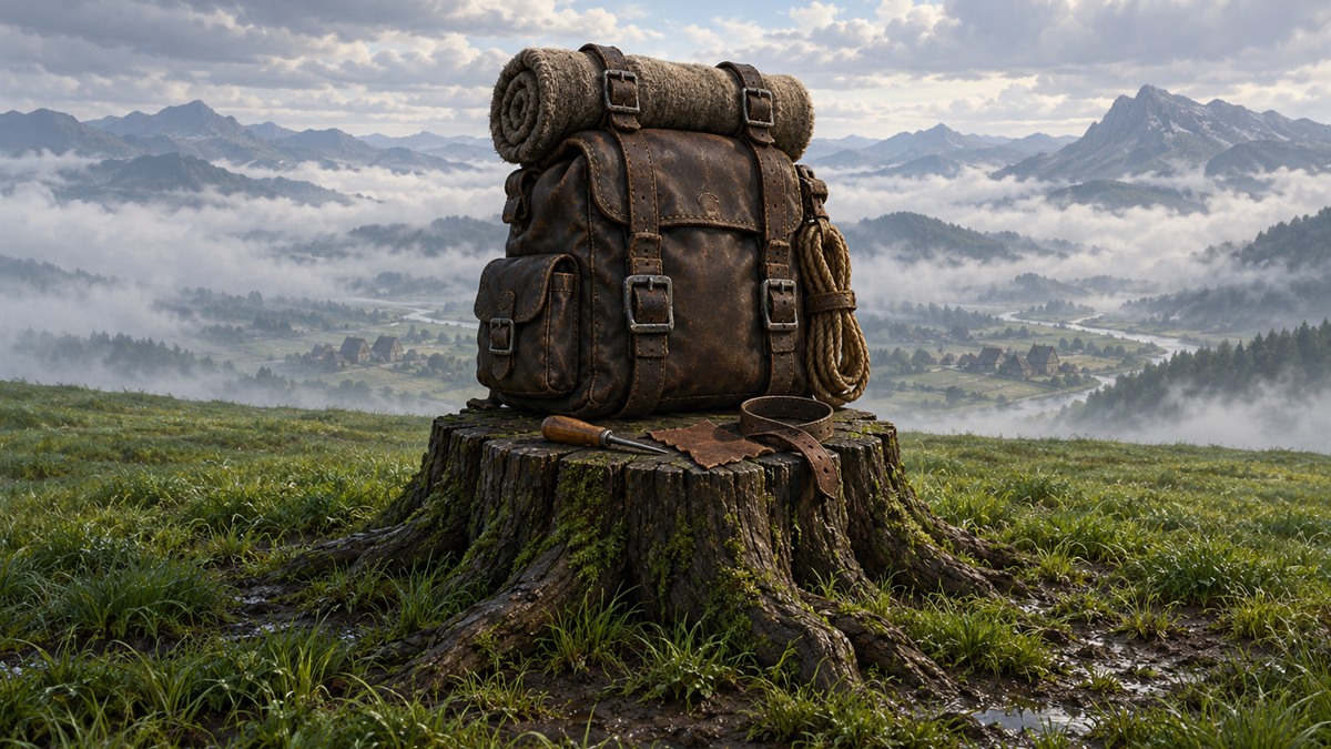 Ein lederner Reiserucksack mit Schlafrolle steht in nebliger Morgendämmerung auf einem Eichenstumpf.