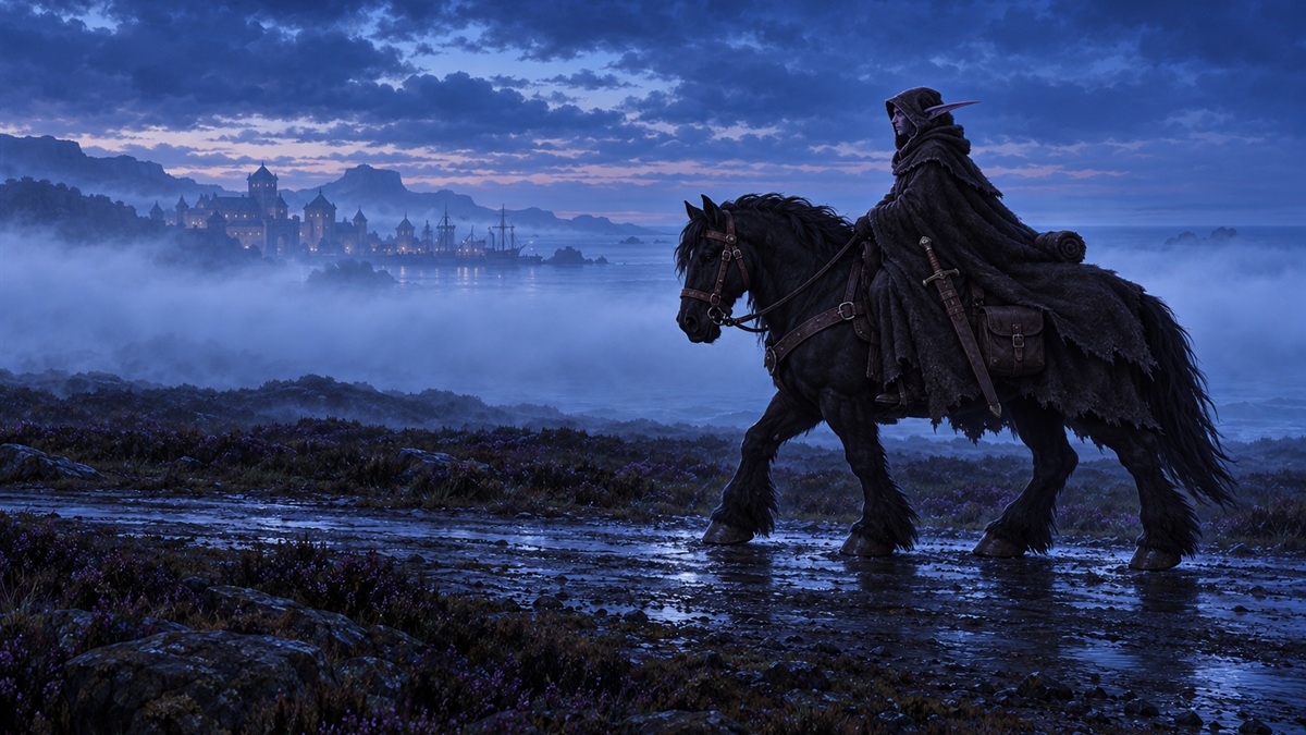 A hooded rider on a heavy black horse walks along a coastal road at dusk, with a band of sea mist behind.