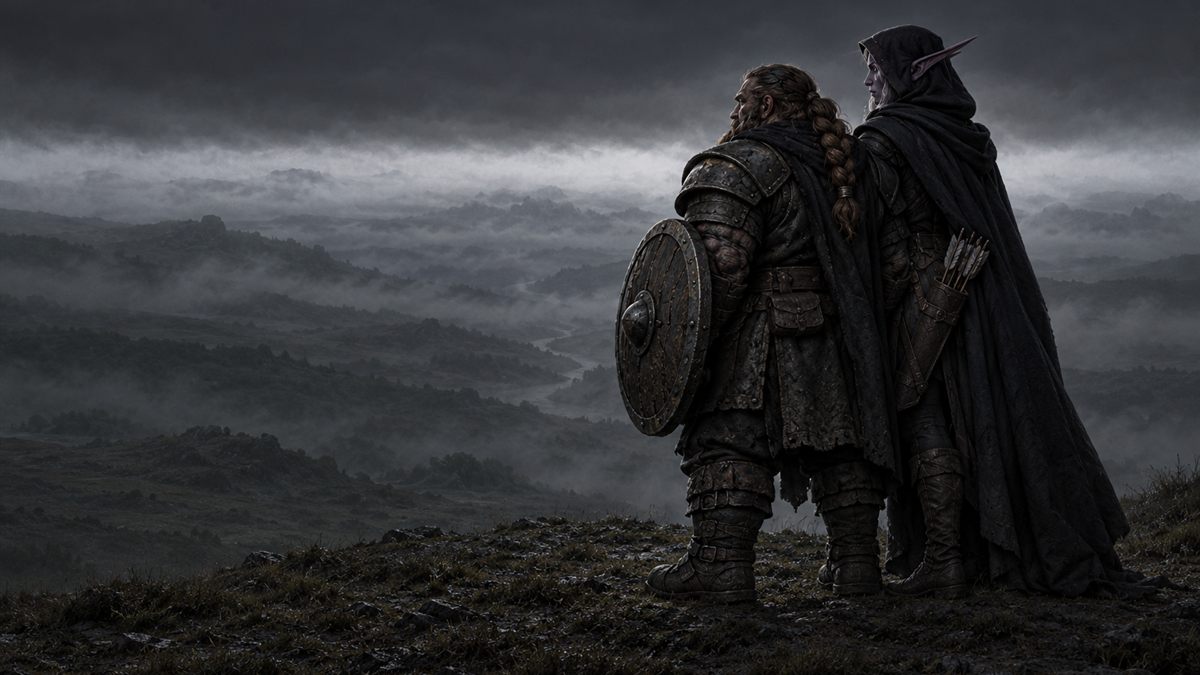 Un enano y una elfa de la noche hombro con hombro en una cresta al atardecer, negros contra una franja de niebla.