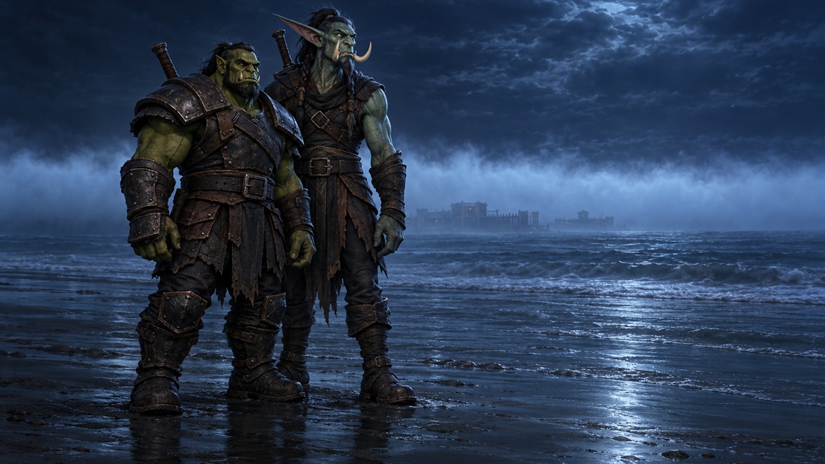 An orc and a troll standing shoulder to shoulder on a night beach against a band of moonlit fog.