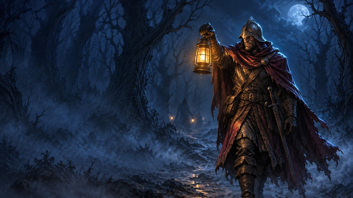 A cloaked watchman holding up a glowing lantern on a misty forest path at night