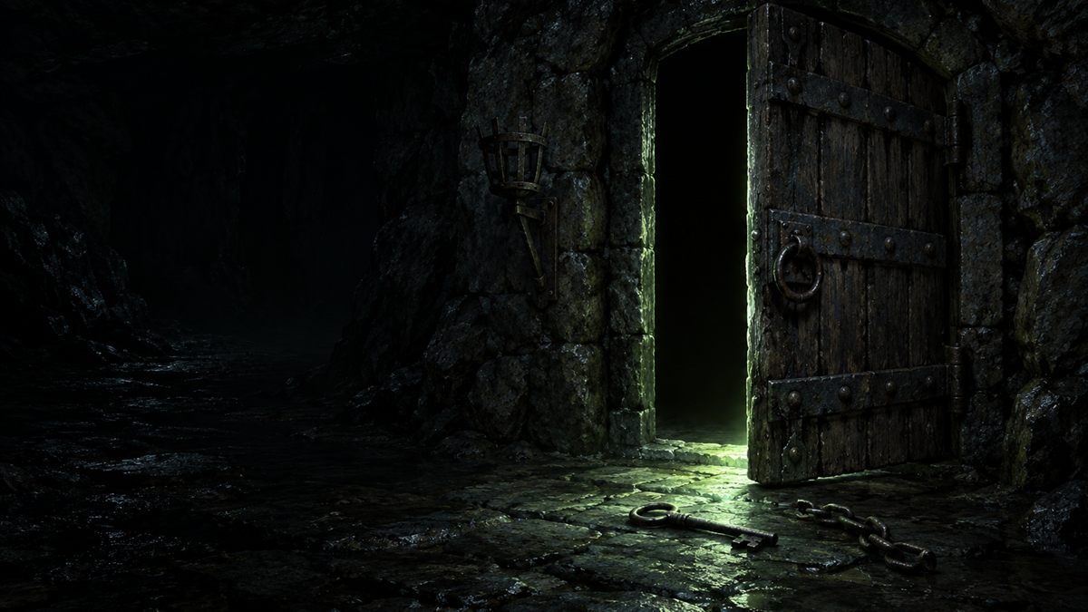 Eine halb offene eiserne Dungeontür, durch deren Spalt kaltes grünes Licht fällt, davor ein fallen gelassener Schlüssel und eine zerbrochene Kette auf dem Boden.